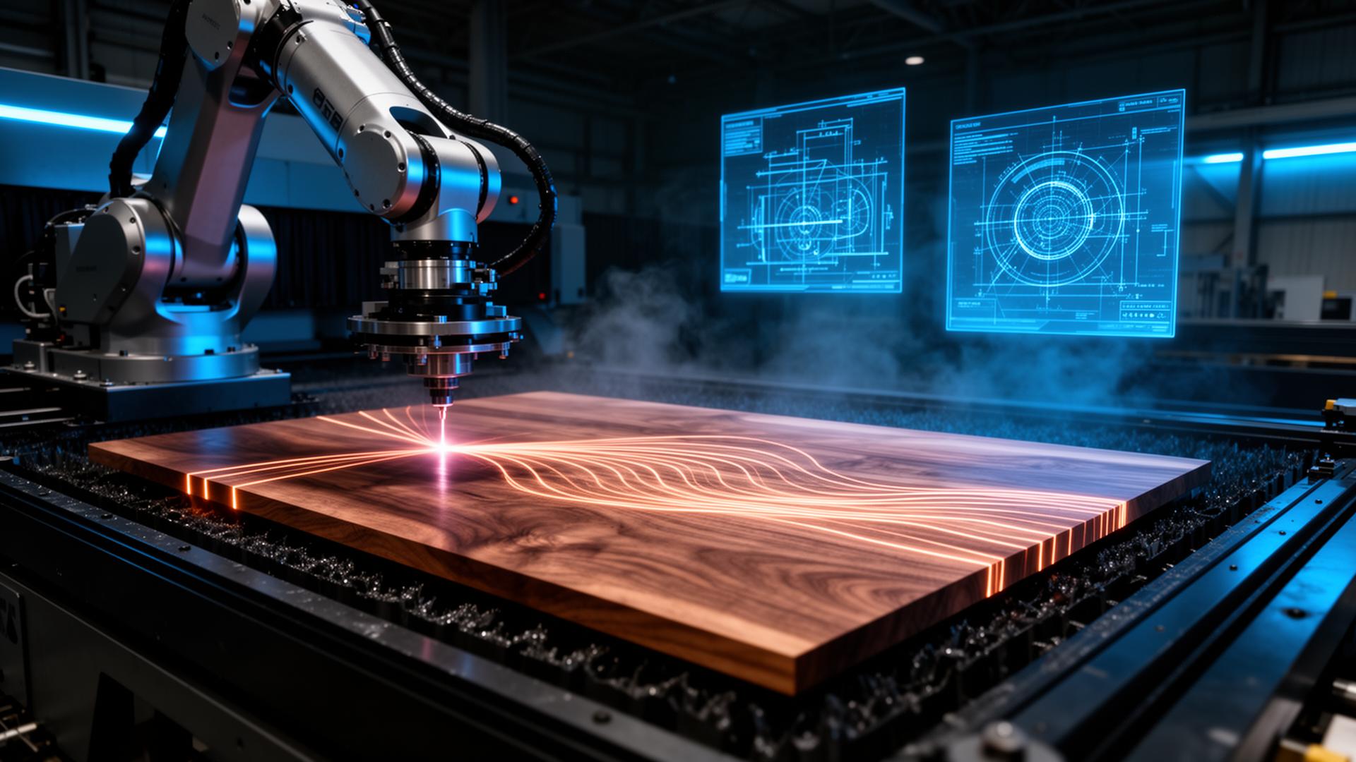 Robotic CNC arm machining premium walnut with holographic blueprint overlays
