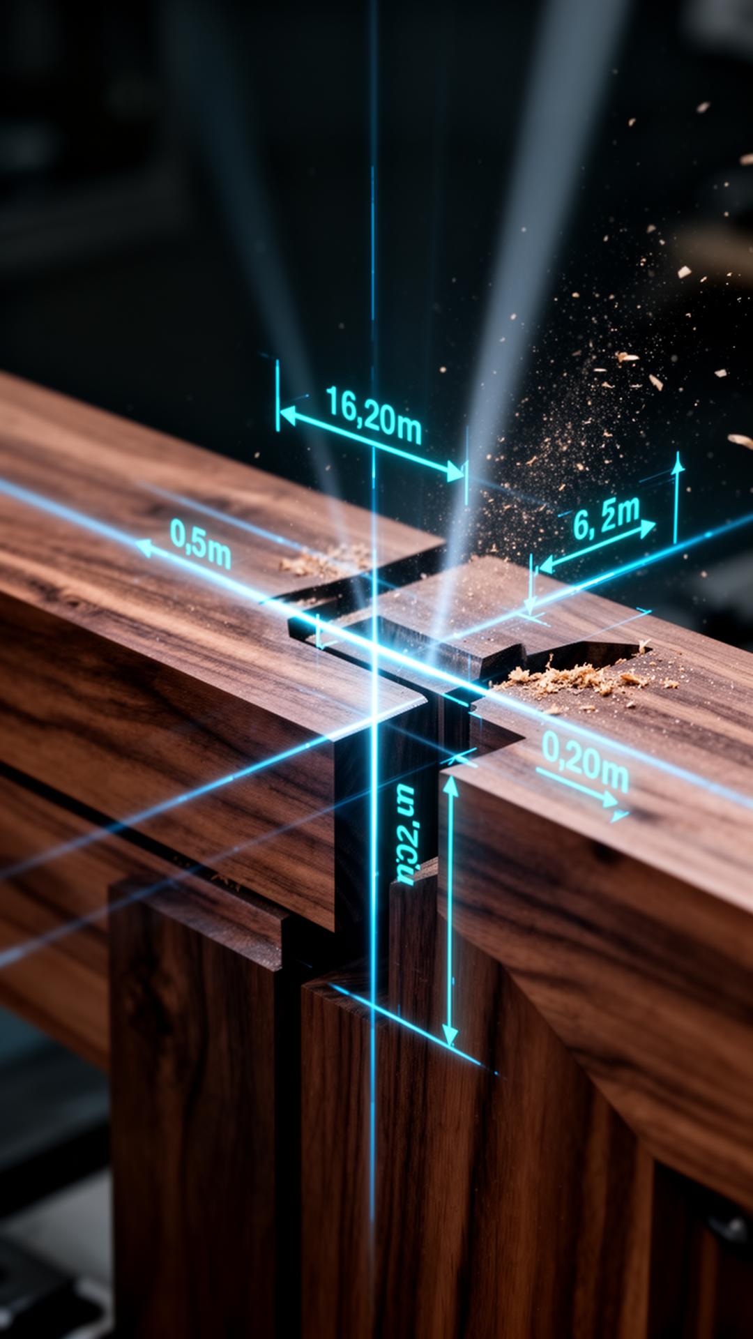 Holographic dimension overlays on precision walnut joinery